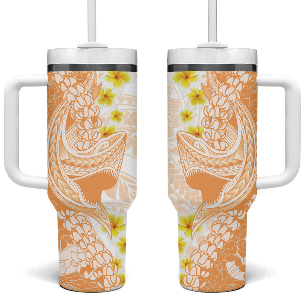 Orange Hawaii Shark Tattoo Tumbler With Handle Puakenikeni Lei Plumeria Polynesian Pattern