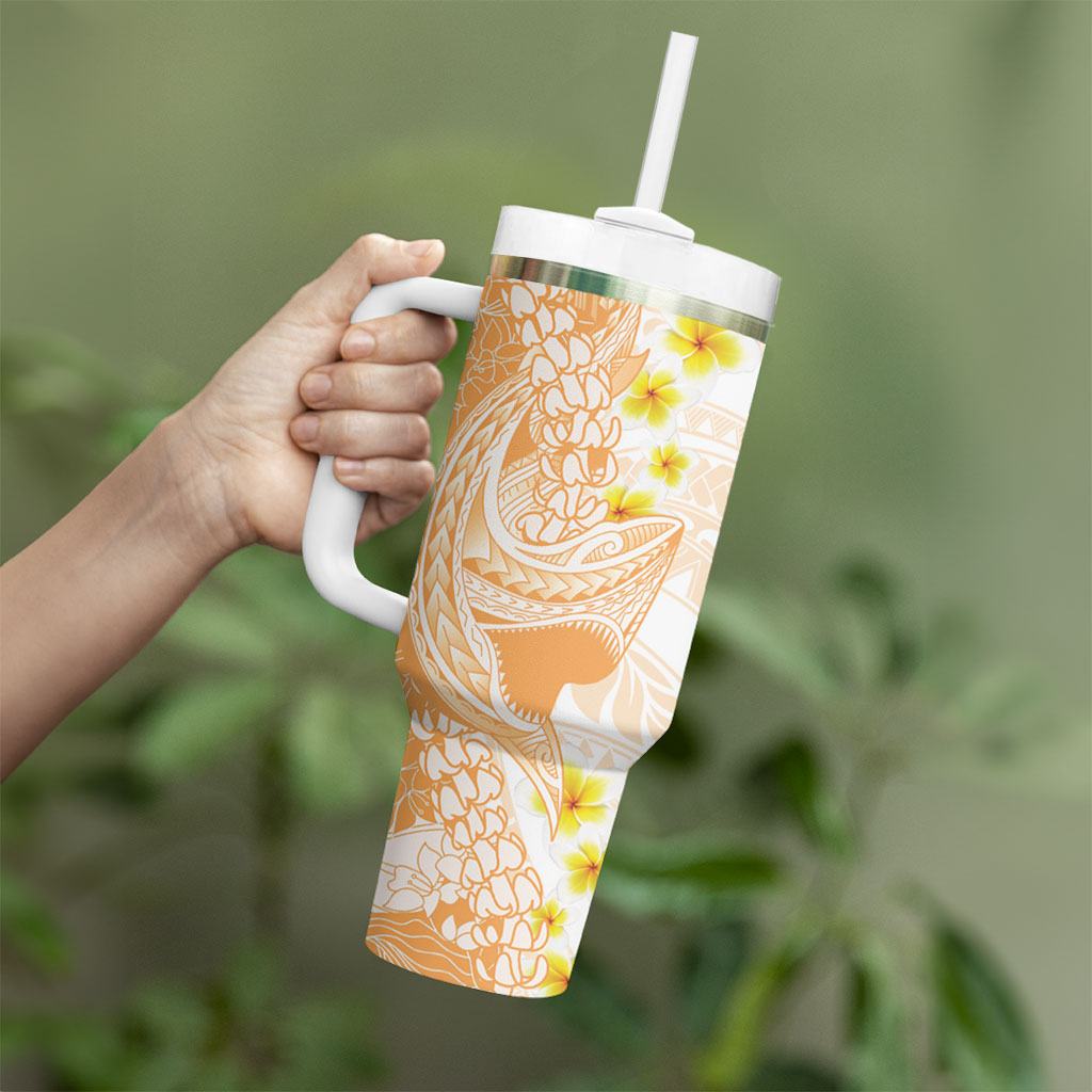 Orange Hawaii Shark Tattoo Tumbler With Handle Puakenikeni Lei Plumeria Polynesian Pattern