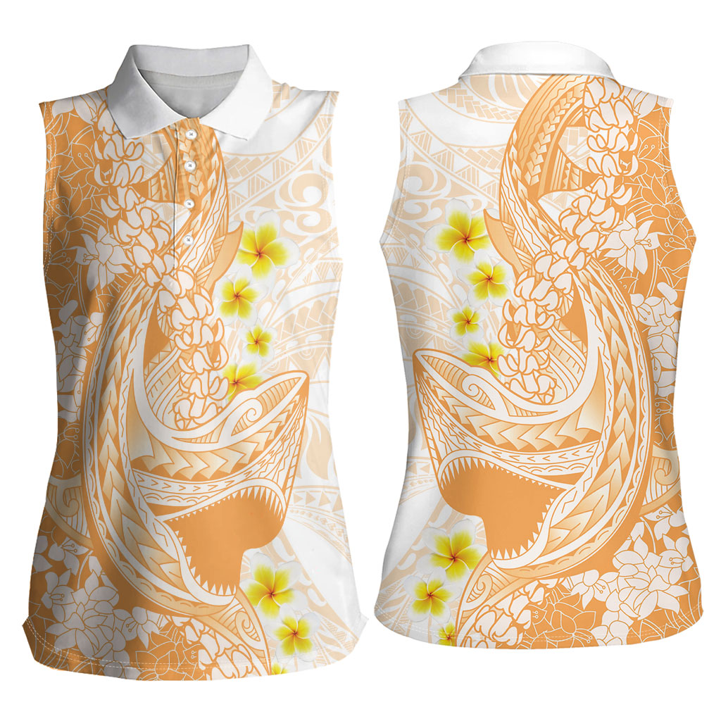 Orange Hawaii Shark Tattoo Women Sleeveless Polo Shirt Puakenikeni Lei Plumeria Polynesian Pattern