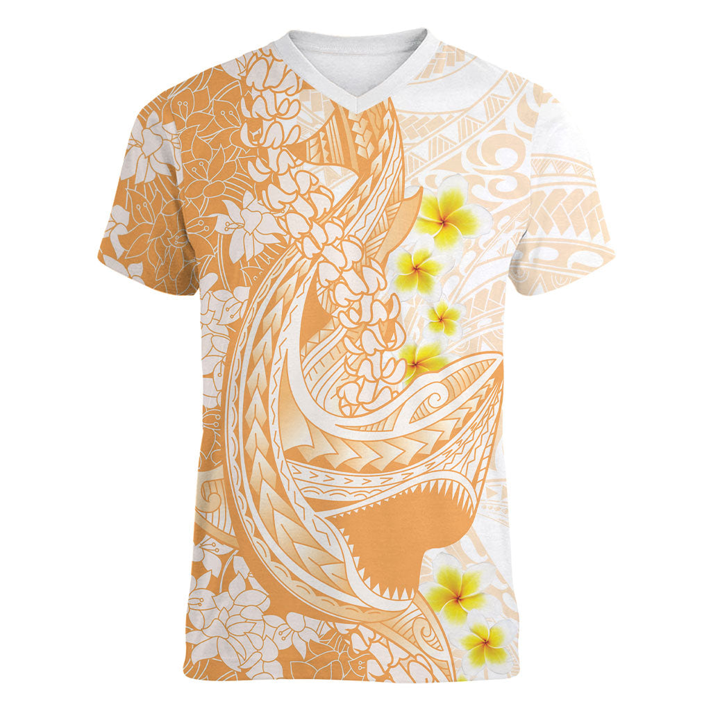 Orange Hawaii Shark Tattoo Women V-Neck T-Shirt Puakenikeni Lei Plumeria Polynesian Pattern LT14 Female Orange - Polynesian Pride