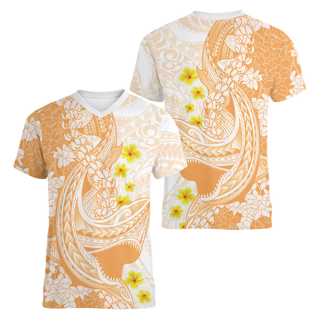 Orange Hawaii Shark Tattoo Women V-Neck T-Shirt Puakenikeni Lei Plumeria Polynesian Pattern LT14 - Polynesian Pride