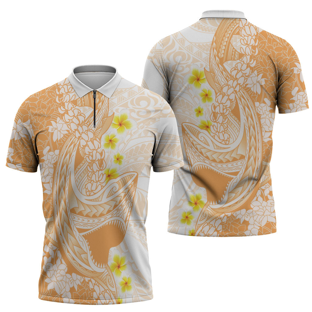 Orange Hawaii Shark Tattoo Zipper Polo Shirt Puakenikeni Lei Plumeria Polynesian Pattern