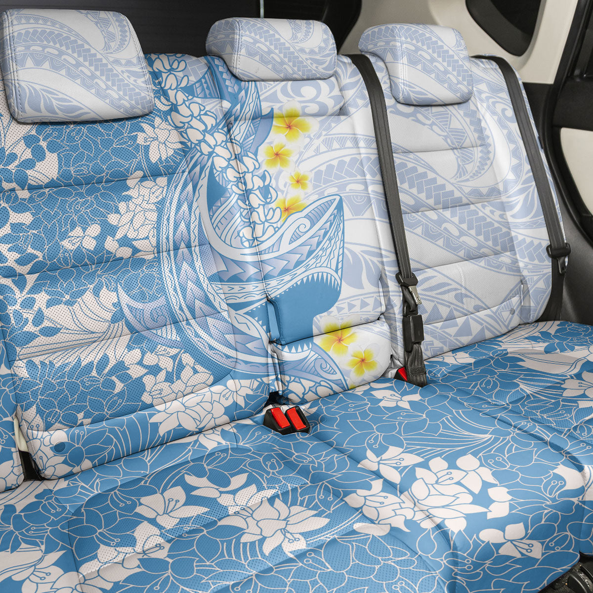 Blue Hawaii Shark Tattoo Back Car Seat Cover Puakenikeni Lei Plumeria Polynesian Pattern