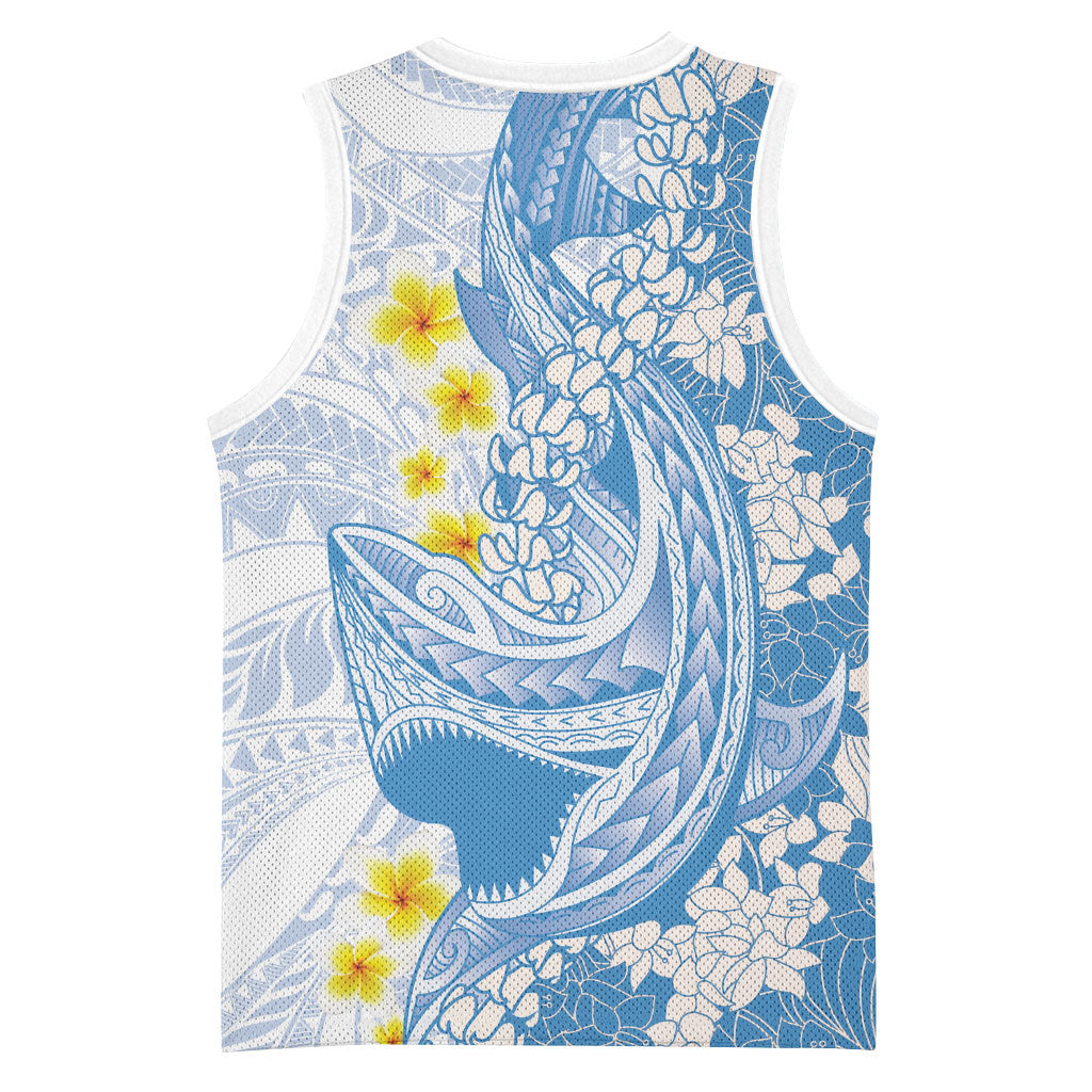 Blue Hawaii Shark Tattoo Basketball Jersey Puakenikeni Lei Plumeria Polynesian Pattern