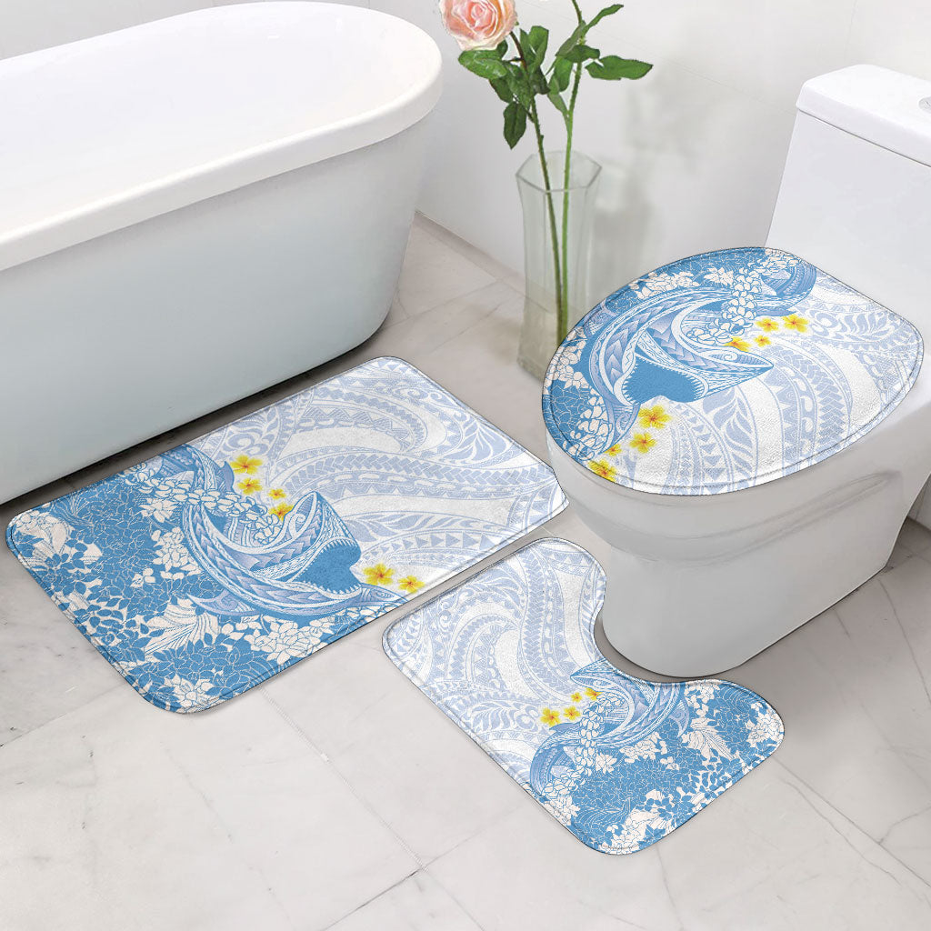 Blue Hawaii Shark Tattoo Bathroom Set Puakenikeni Lei Plumeria Polynesian Pattern