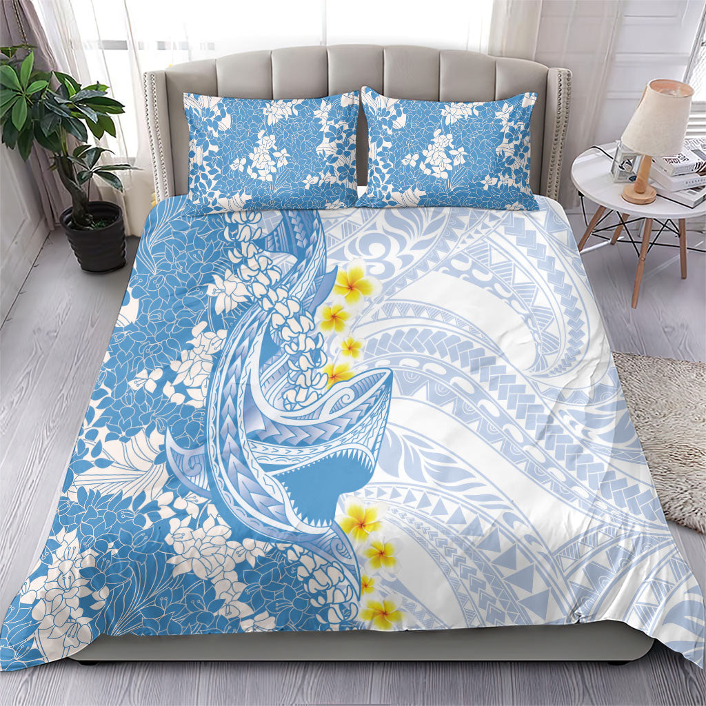 Blue Hawaii Shark Tattoo Bedding Set Puakenikeni Lei Plumeria Polynesian Pattern