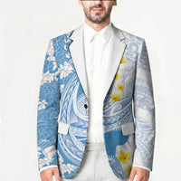 Blue Hawaii Shark Tattoo Blazer Puakenikeni Lei Plumeria Polynesian Pattern
