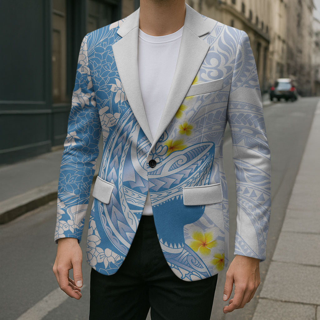 Blue Hawaii Shark Tattoo Blazer Puakenikeni Lei Plumeria Polynesian Pattern