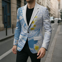 Blue Hawaii Shark Tattoo Blazer Puakenikeni Lei Plumeria Polynesian Pattern