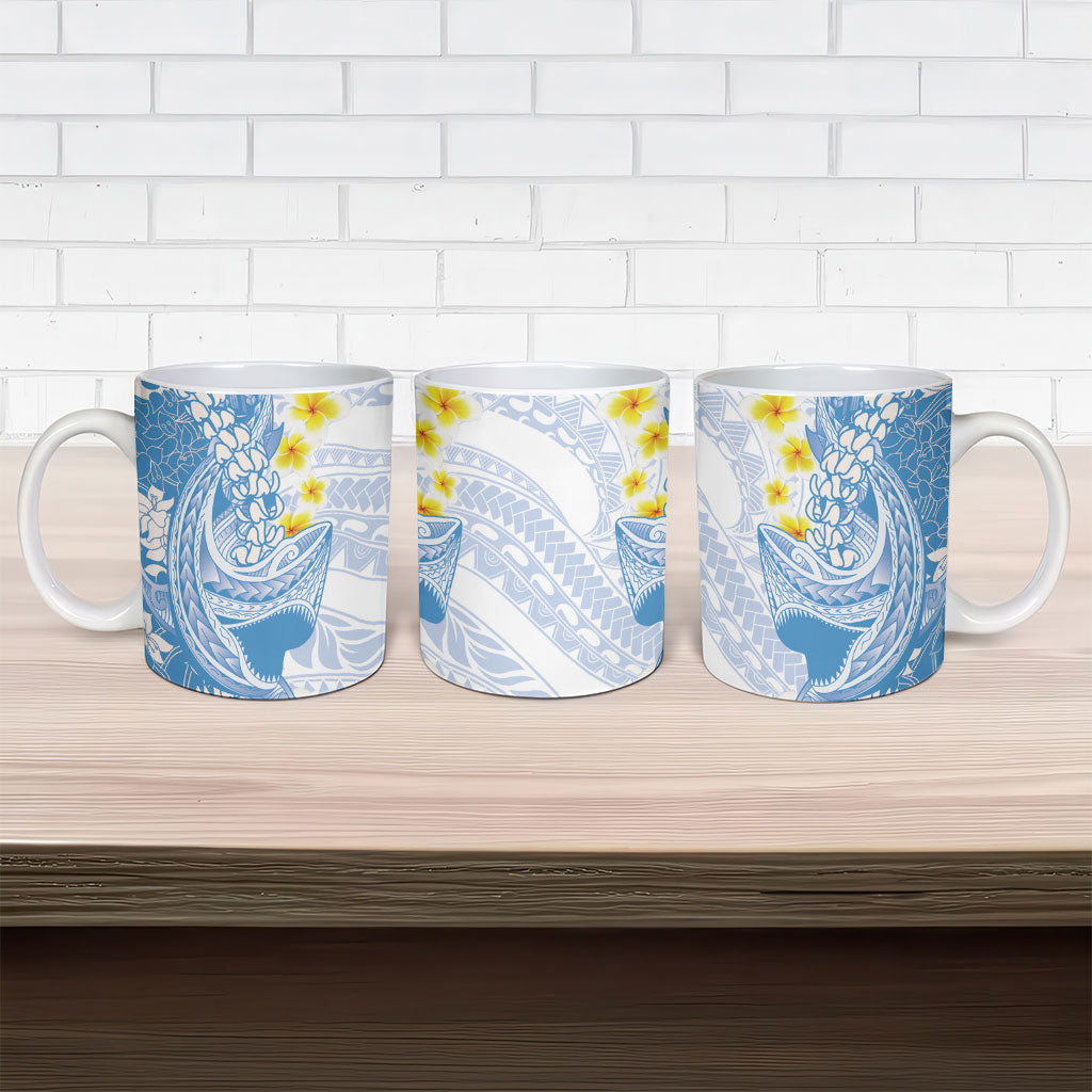 Blue Hawaii Shark Tattoo Ceramic Mug Puakenikeni Lei Plumeria Polynesian Pattern
