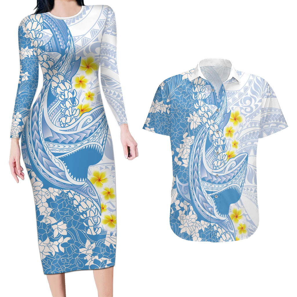 Blue Hawaii Shark Tattoo Couples Matching Long Sleeve Bodycon Dress and Hawaiian Shirt Puakenikeni Lei Plumeria Polynesian Pattern LT14 Blue - Polynesian Pride