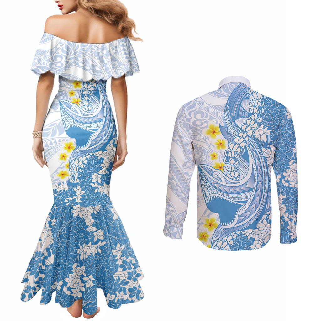 Blue Hawaii Shark Tattoo Couples Matching Mermaid Dress and Long Sleeve Button Shirt Puakenikeni Lei Plumeria Polynesian Pattern