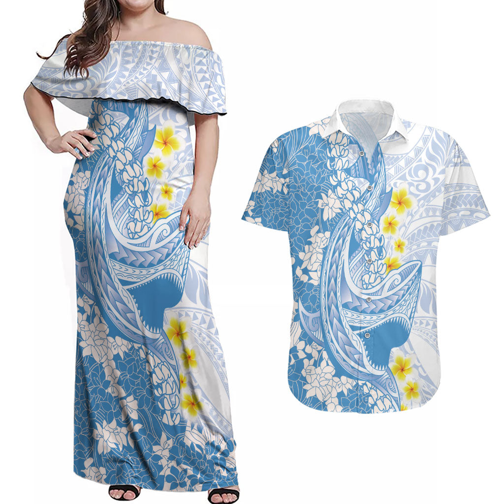 Blue Hawaii Shark Tattoo Couples Matching Off Shoulder Maxi Dress and Hawaiian Shirt Puakenikeni Lei Plumeria Polynesian Pattern