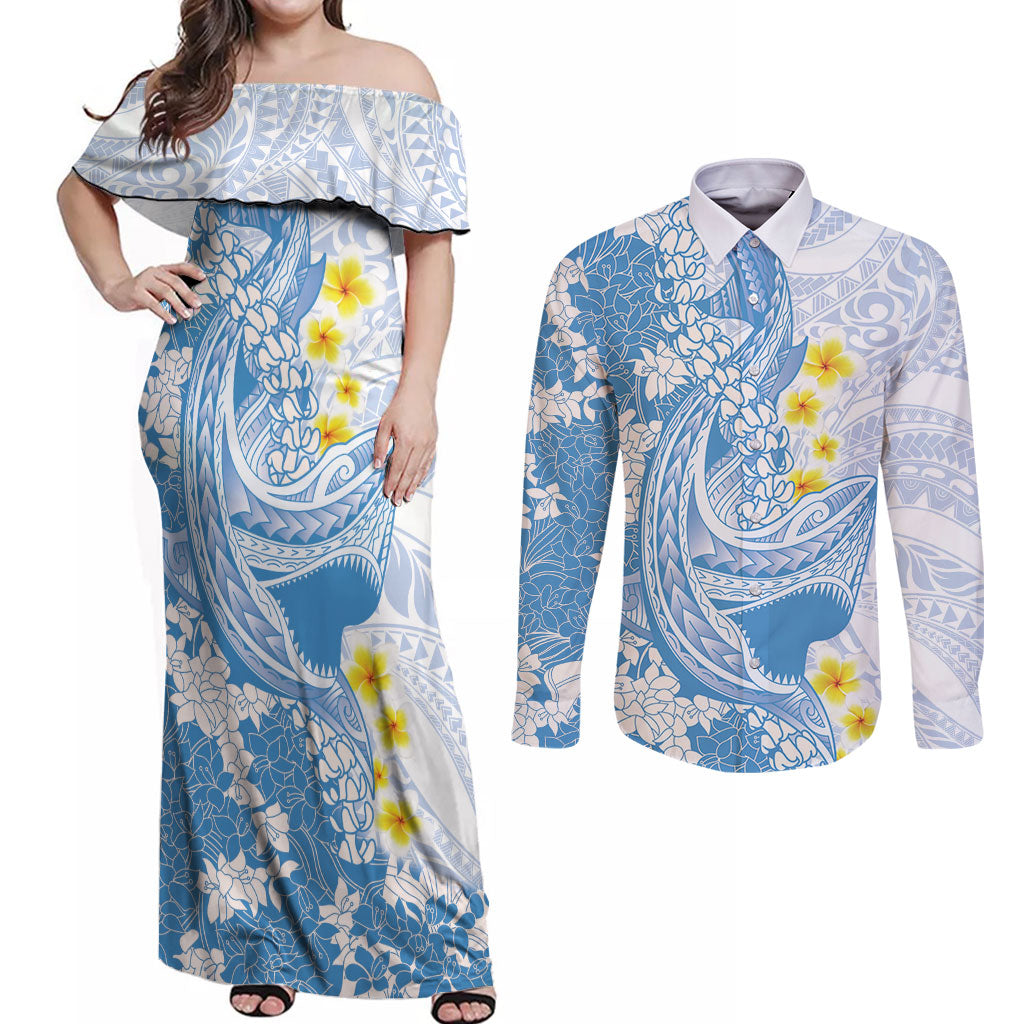Blue Hawaii Shark Tattoo Couples Matching Off Shoulder Maxi Dress and Long Sleeve Button Shirt Puakenikeni Lei Plumeria Polynesian Pattern LT14 Blue - Polynesian Pride