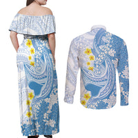 Blue Hawaii Shark Tattoo Couples Matching Off Shoulder Maxi Dress and Long Sleeve Button Shirt Puakenikeni Lei Plumeria Polynesian Pattern LT14 - Polynesian Pride