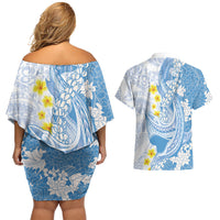 Blue Hawaii Shark Tattoo Couples Matching Off Shoulder Short Dress and Hawaiian Shirt Puakenikeni Lei Plumeria Polynesian Pattern