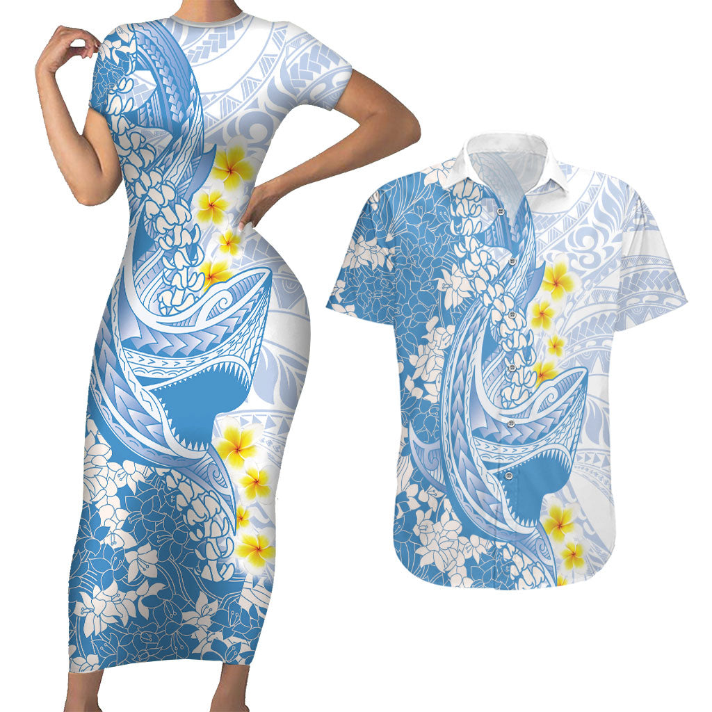 Blue Hawaii Shark Tattoo Couples Matching Short Sleeve Bodycon Dress and Hawaiian Shirt Puakenikeni Lei Plumeria Polynesian Pattern LT14 Blue - Polynesian Pride