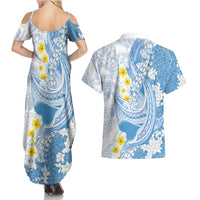 Blue Hawaii Shark Tattoo Couples Matching Summer Maxi Dress and Hawaiian Shirt Puakenikeni Lei Plumeria Polynesian Pattern
