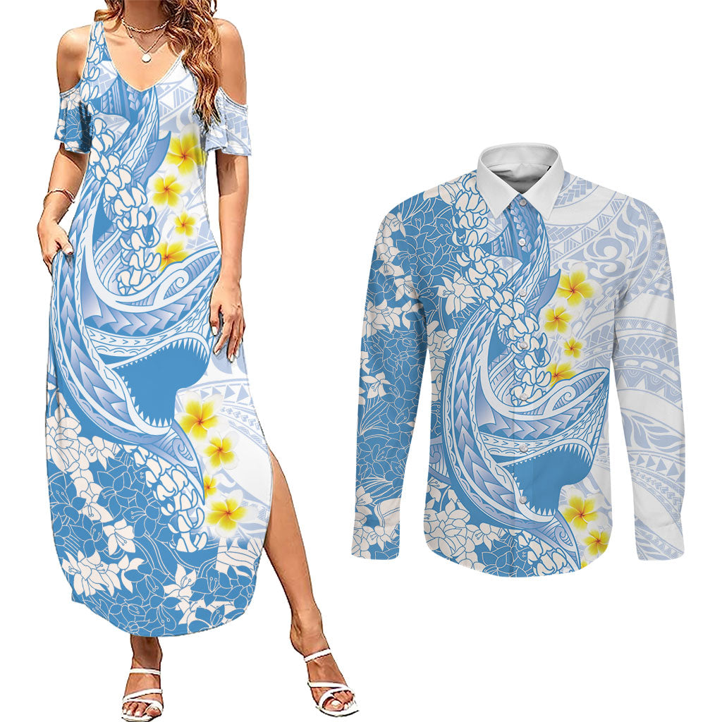 Blue Hawaii Shark Tattoo Couples Matching Summer Maxi Dress and Long Sleeve Button Shirt Puakenikeni Lei Plumeria Polynesian Pattern