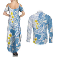 Blue Hawaii Shark Tattoo Couples Matching Summer Maxi Dress and Long Sleeve Button Shirt Puakenikeni Lei Plumeria Polynesian Pattern
