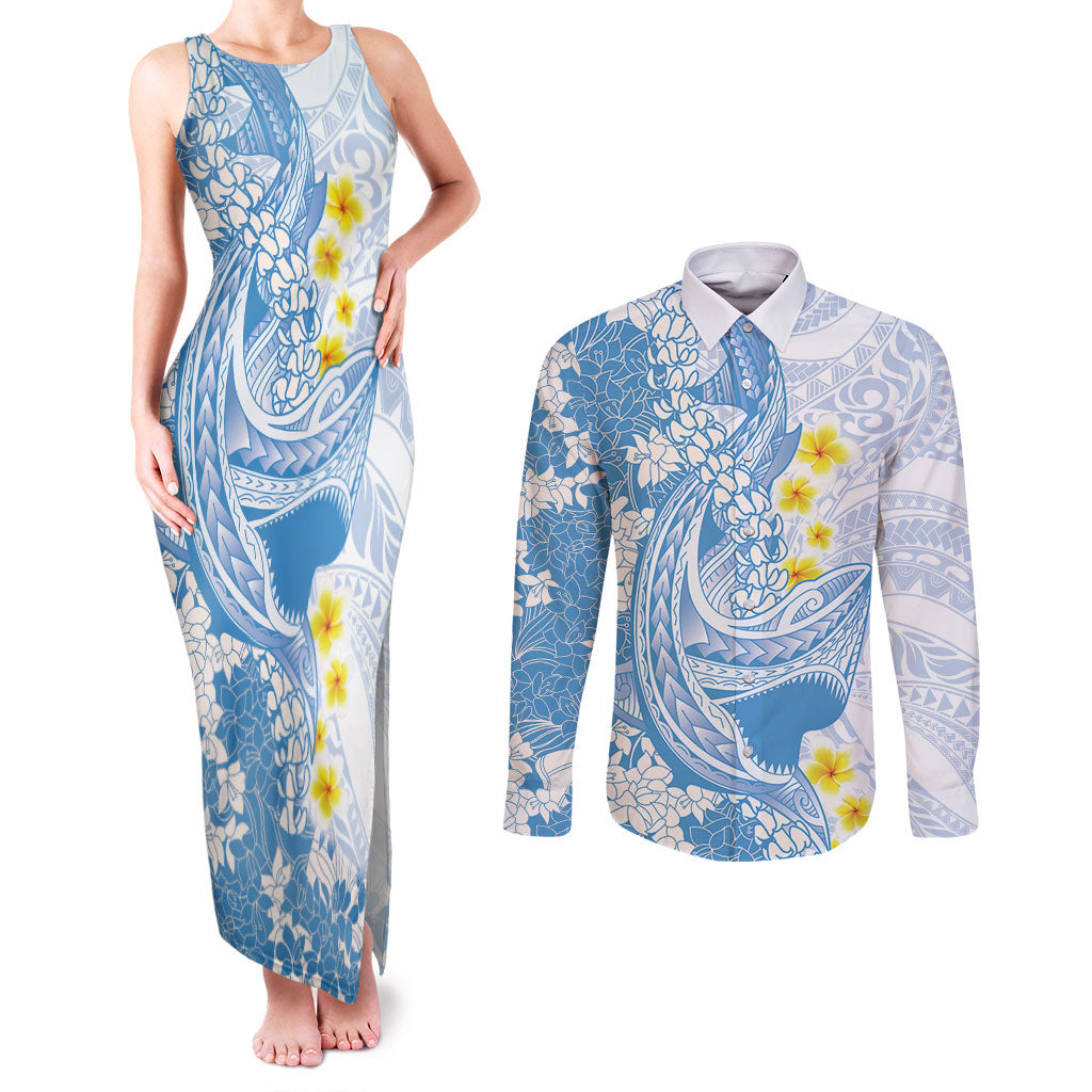 Blue Hawaii Shark Tattoo Couples Matching Tank Maxi Dress and Long Sleeve Button Shirt Puakenikeni Lei Plumeria Polynesian Pattern