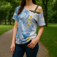 Blue Hawaii Shark Tattoo Cross Shoulder Shirt Puakenikeni Lei Plumeria Polynesian Pattern