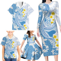 Blue Hawaii Shark Tattoo Family Matching Long Sleeve Bodycon Dress and Hawaiian Shirt Puakenikeni Lei Plumeria Polynesian Pattern LT14 - Polynesian Pride