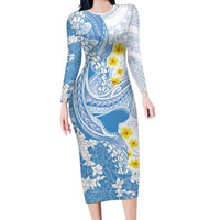 Blue Hawaii Shark Tattoo Family Matching Long Sleeve Bodycon Dress and Hawaiian Shirt Puakenikeni Lei Plumeria Polynesian Pattern LT14 Mom's Dress Blue - Polynesian Pride