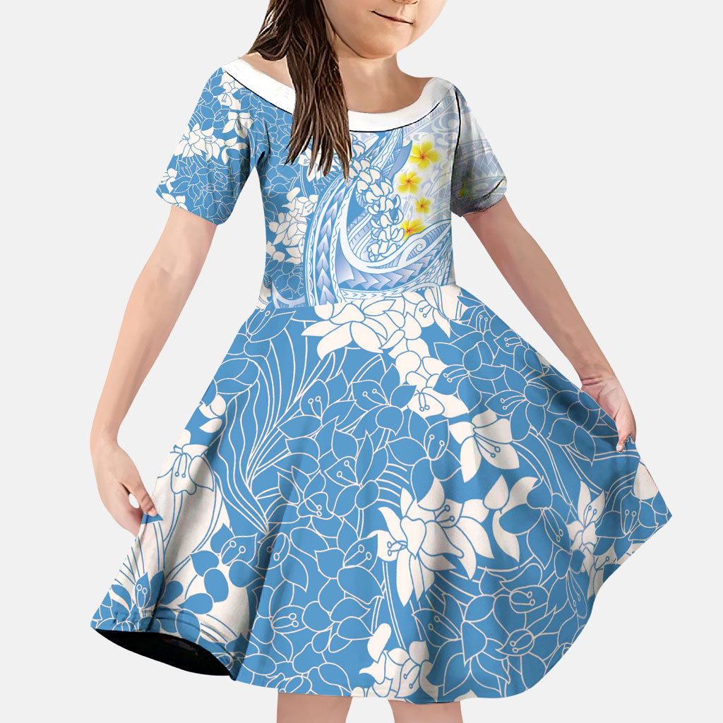 Blue Hawaii Shark Tattoo Family Matching Mermaid Dress and Hawaiian Shirt Puakenikeni Lei Plumeria Polynesian Pattern LT14 Daughter's Dress Blue - Polynesian Pride