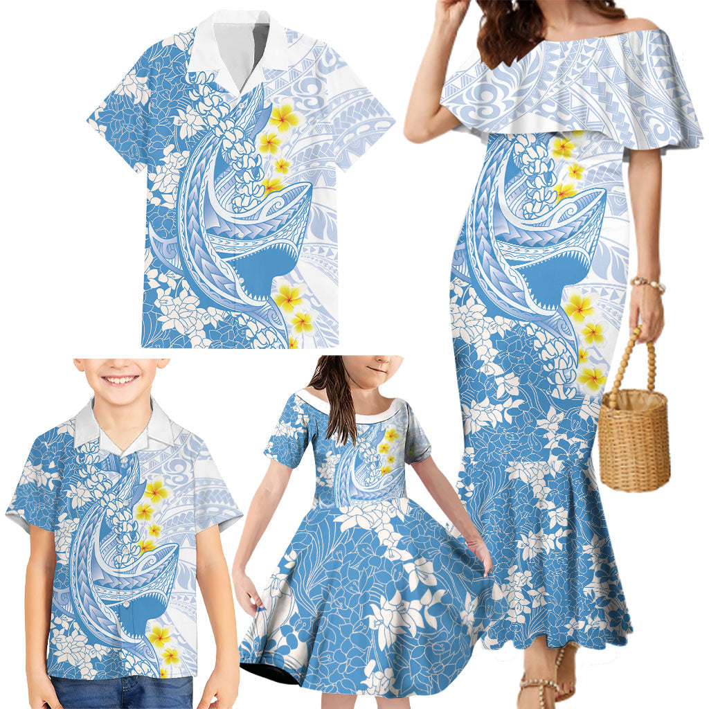 Blue Hawaii Shark Tattoo Family Matching Mermaid Dress and Hawaiian Shirt Puakenikeni Lei Plumeria Polynesian Pattern LT14 - Polynesian Pride