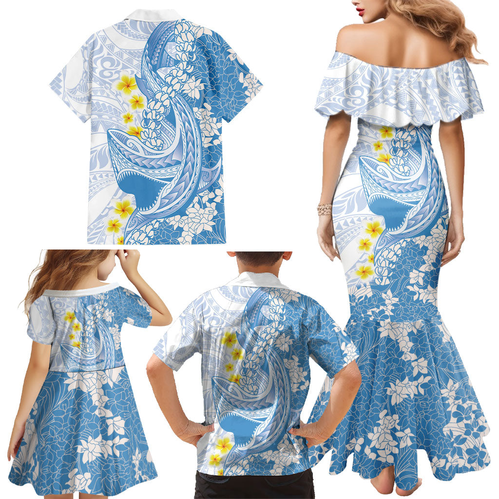 Blue Hawaii Shark Tattoo Family Matching Mermaid Dress and Hawaiian Shirt Puakenikeni Lei Plumeria Polynesian Pattern LT14 - Polynesian Pride
