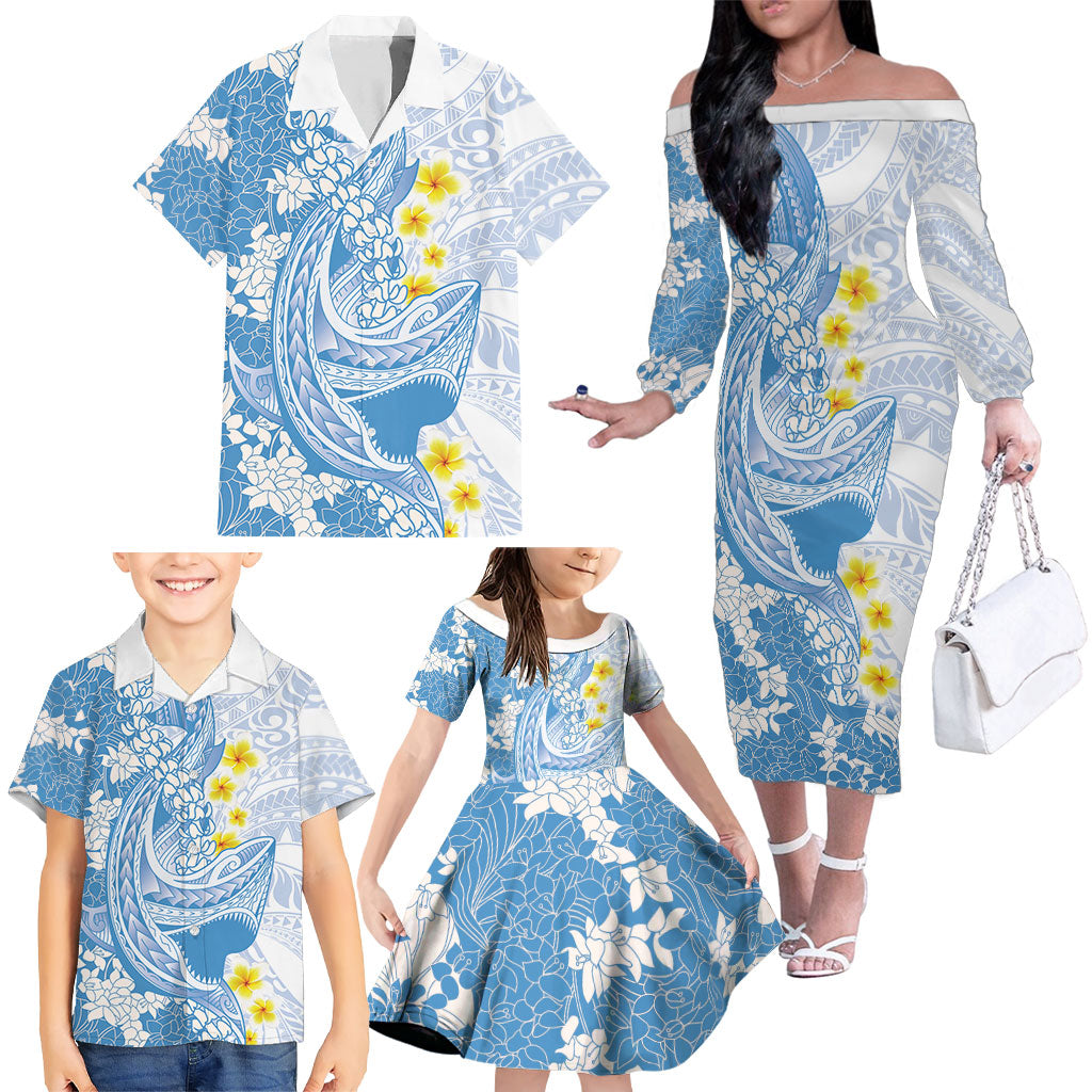 Blue Hawaii Shark Tattoo Family Matching Off The Shoulder Long Sleeve Dress and Hawaiian Shirt Puakenikeni Lei Plumeria Polynesian Pattern