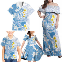 Blue Hawaii Shark Tattoo Family Matching Off Shoulder Maxi Dress and Hawaiian Shirt Puakenikeni Lei Plumeria Polynesian Pattern LT14 - Polynesian Pride