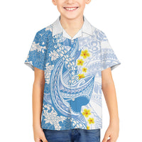 Blue Hawaii Shark Tattoo Family Matching Off Shoulder Maxi Dress and Hawaiian Shirt Puakenikeni Lei Plumeria Polynesian Pattern LT14 Son's Shirt Blue - Polynesian Pride