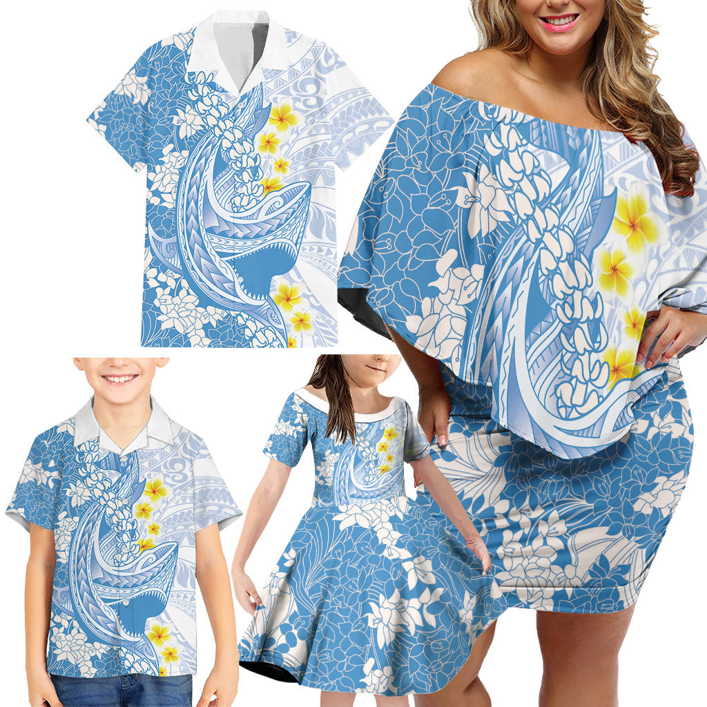 Blue Hawaii Shark Tattoo Family Matching Off Shoulder Short Dress and Hawaiian Shirt Puakenikeni Lei Plumeria Polynesian Pattern LT14 - Polynesian Pride