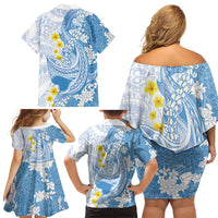 Blue Hawaii Shark Tattoo Family Matching Off Shoulder Short Dress and Hawaiian Shirt Puakenikeni Lei Plumeria Polynesian Pattern LT14 - Polynesian Pride