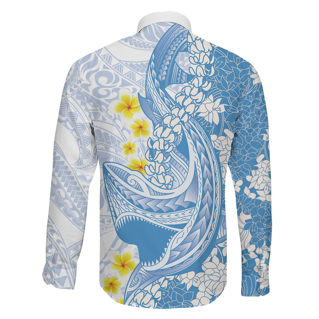 Blue Hawaii Shark Tattoo Family Matching Off Shoulder Short Dress and Hawaiian Shirt Puakenikeni Lei Plumeria Polynesian Pattern LT14 - Polynesian Pride