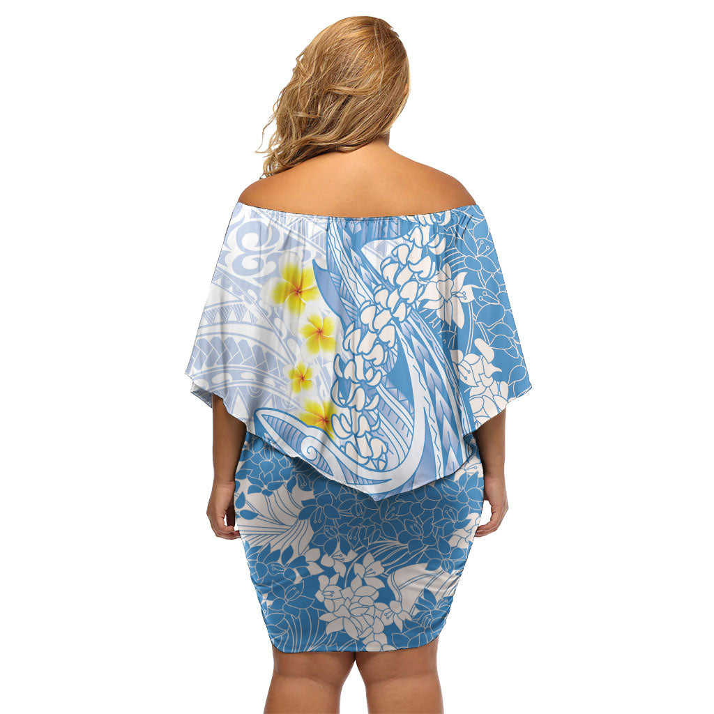 Blue Hawaii Shark Tattoo Family Matching Off Shoulder Short Dress and Hawaiian Shirt Puakenikeni Lei Plumeria Polynesian Pattern LT14 - Polynesian Pride