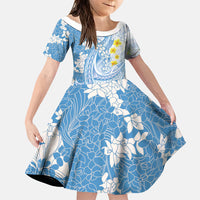 Blue Hawaii Shark Tattoo Family Matching Puletasi and Hawaiian Shirt Puakenikeni Lei Plumeria Polynesian Pattern LT14 Daughter's Dress Blue - Polynesian Pride