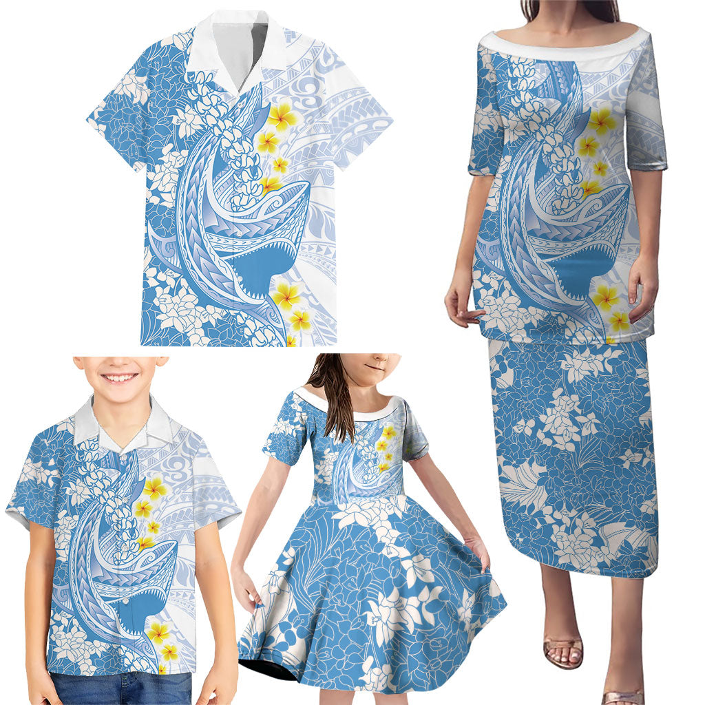 Blue Hawaii Shark Tattoo Family Matching Puletasi and Hawaiian Shirt Puakenikeni Lei Plumeria Polynesian Pattern LT14 - Polynesian Pride
