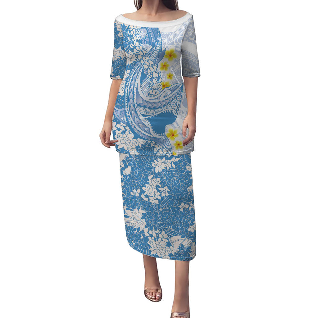 Blue Hawaii Shark Tattoo Family Matching Puletasi and Hawaiian Shirt Puakenikeni Lei Plumeria Polynesian Pattern LT14 Mom's Dress Blue - Polynesian Pride