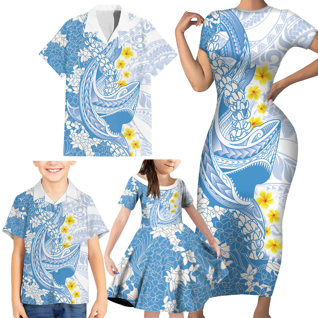 Blue Hawaii Shark Tattoo Family Matching Short Sleeve Bodycon Dress and Hawaiian Shirt Puakenikeni Lei Plumeria Polynesian Pattern LT14 - Polynesian Pride
