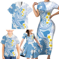 Blue Hawaii Shark Tattoo Family Matching Short Sleeve Bodycon Dress and Hawaiian Shirt Puakenikeni Lei Plumeria Polynesian Pattern LT14 - Polynesian Pride