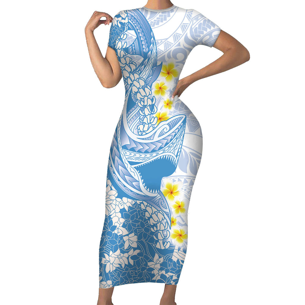 Blue Hawaii Shark Tattoo Family Matching Short Sleeve Bodycon Dress and Hawaiian Shirt Puakenikeni Lei Plumeria Polynesian Pattern LT14 Mom's Dress Blue - Polynesian Pride