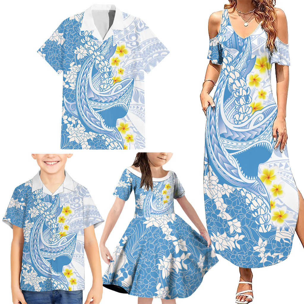 Blue Hawaii Shark Tattoo Family Matching Summer Maxi Dress and Hawaiian Shirt Puakenikeni Lei Plumeria Polynesian Pattern LT14 - Polynesian Pride