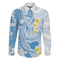 Blue Hawaii Shark Tattoo Family Matching Tank Maxi Dress and Hawaiian Shirt Puakenikeni Lei Plumeria Polynesian Pattern LT14 Dad's Shirt - Long Sleeve Blue - Polynesian Pride