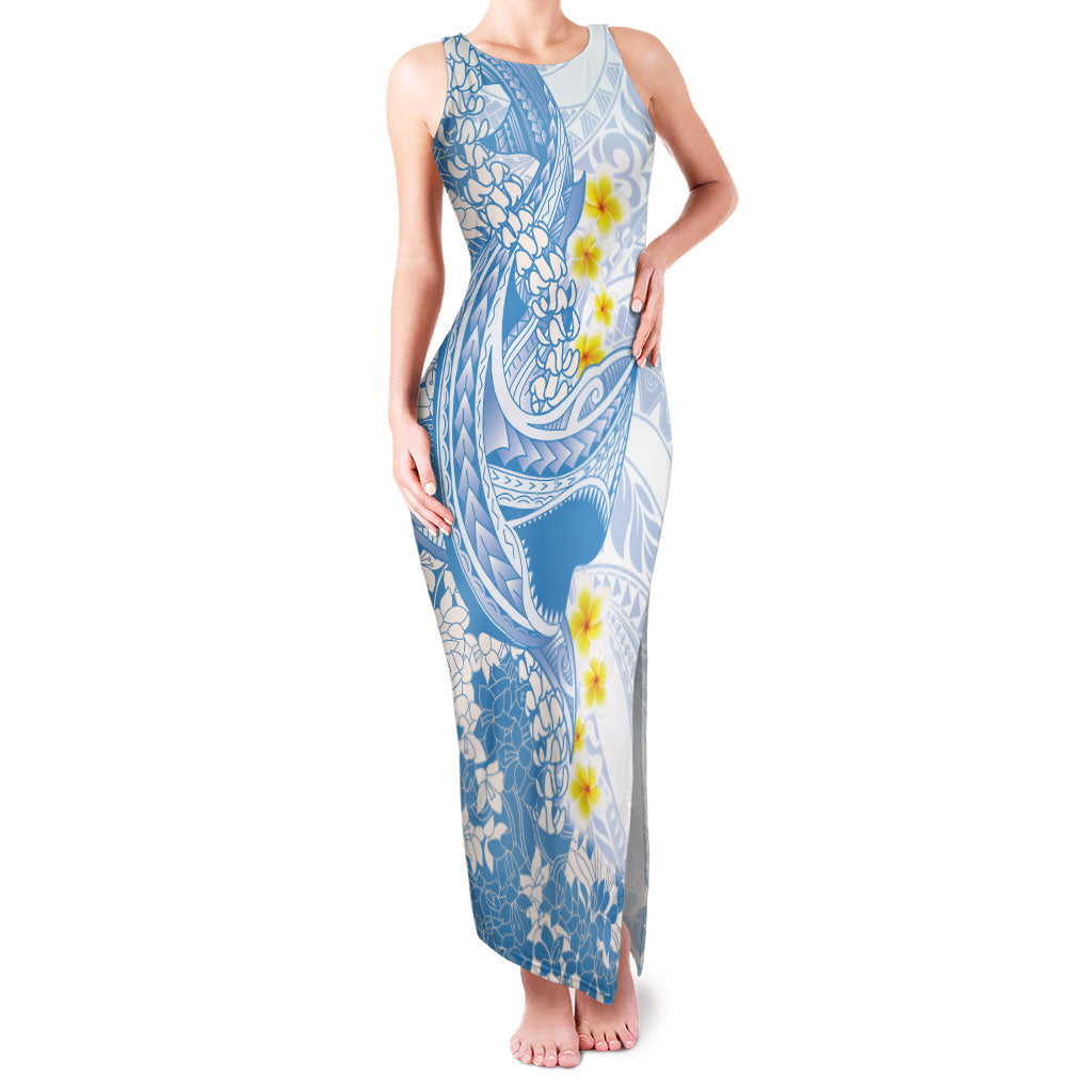 Blue Hawaii Shark Tattoo Family Matching Tank Maxi Dress and Hawaiian Shirt Puakenikeni Lei Plumeria Polynesian Pattern LT14 Mom's Dress Blue - Polynesian Pride