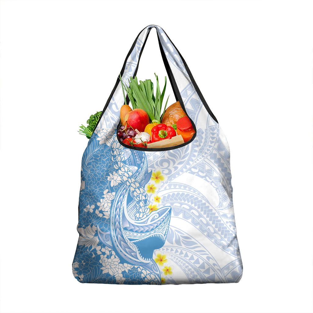 Blue Hawaii Shark Tattoo Grocery Bag Puakenikeni Lei Plumeria Polynesian Pattern