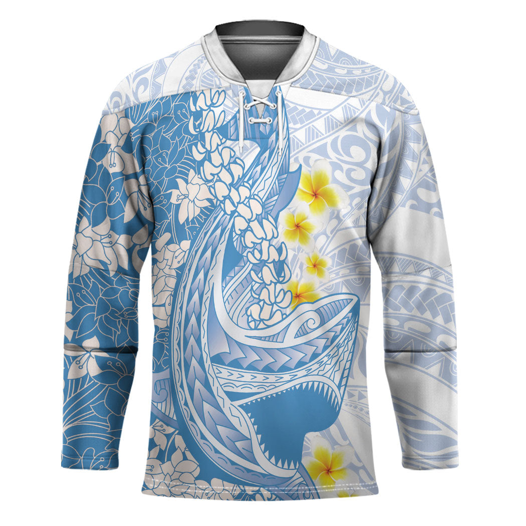 Blue Hawaii Shark Tattoo Hockey Jersey Puakenikeni Lei Plumeria Polynesian Pattern