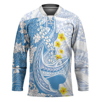 Blue Hawaii Shark Tattoo Hockey Jersey Puakenikeni Lei Plumeria Polynesian Pattern